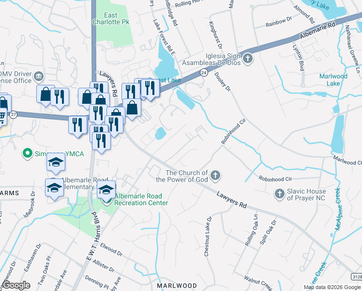 map of restaurants, bars, coffee shops, grocery stores, and more near 7045 Stonington Lane in Charlotte