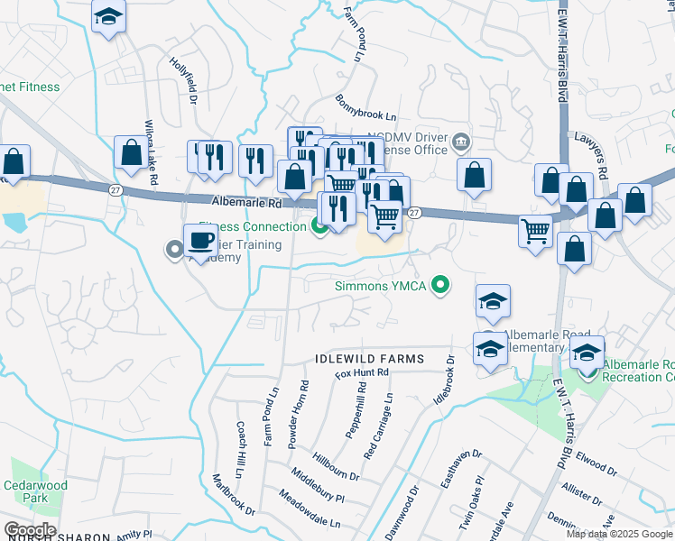 map of restaurants, bars, coffee shops, grocery stores, and more near 6325 Woodbend Drive in Charlotte