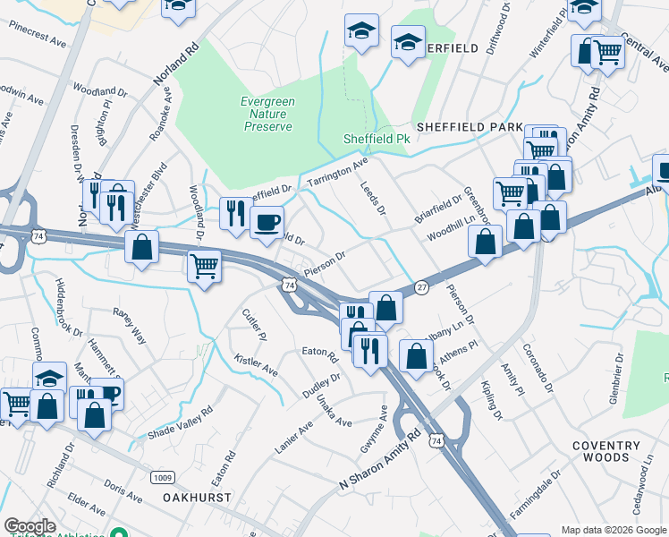 map of restaurants, bars, coffee shops, grocery stores, and more near 922 Pierson Drive in Charlotte