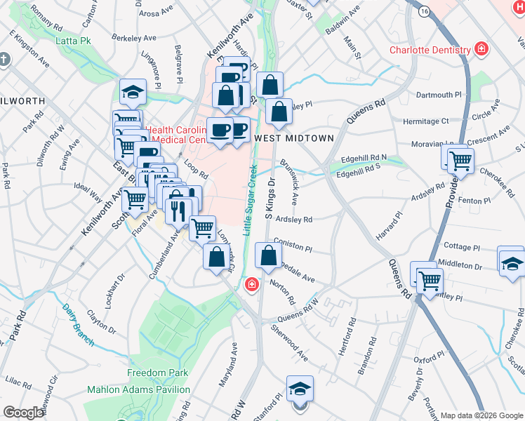 map of restaurants, bars, coffee shops, grocery stores, and more near in Charlotte