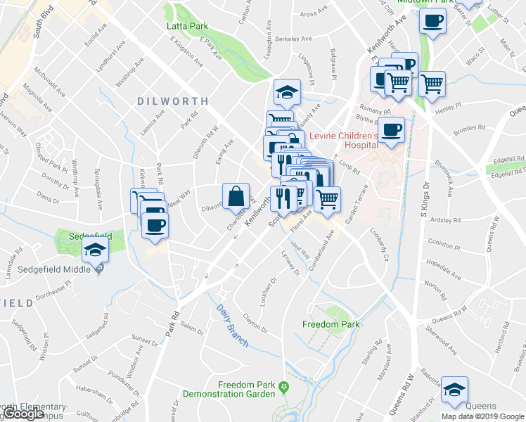 map of restaurants, bars, coffee shops, grocery stores, and more near 1917 Kenilworth Avenue in Charlotte