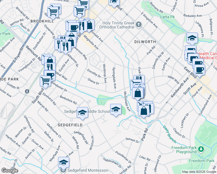 map of restaurants, bars, coffee shops, grocery stores, and more near 2316 Winthrop Avenue in Charlotte