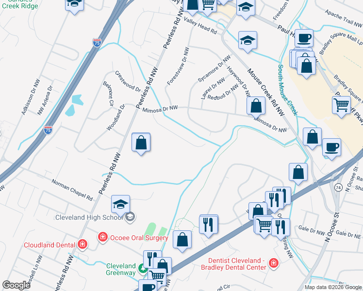 map of restaurants, bars, coffee shops, grocery stores, and more near 645 Beech Circle Northwest in Cleveland