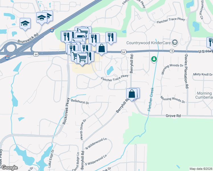 map of restaurants, bars, coffee shops, grocery stores, and more near 2857 Fletcher View Drive in Memphis