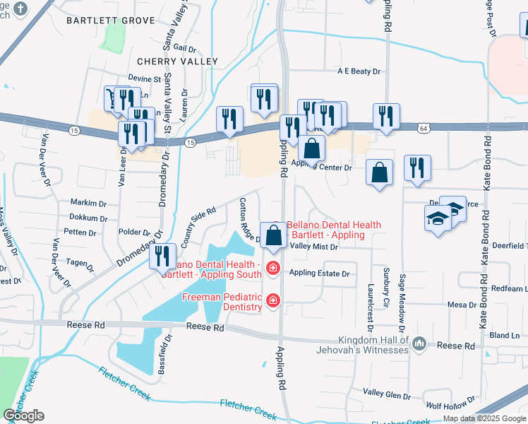 map of restaurants, bars, coffee shops, grocery stores, and more near 2755 Appling Road in Memphis