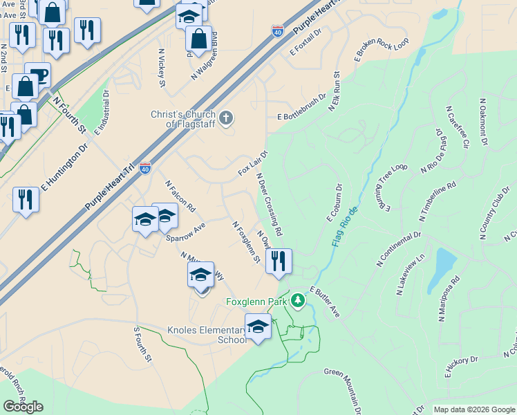 map of restaurants, bars, coffee shops, grocery stores, and more near 1710 North Thistle Road in Flagstaff