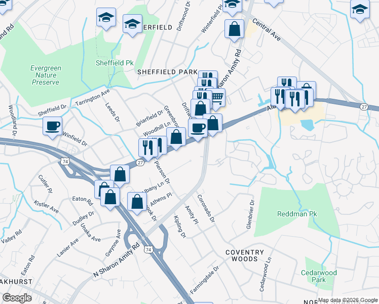 map of restaurants, bars, coffee shops, grocery stores, and more near 3061 North Sharon Amity Road in Charlotte