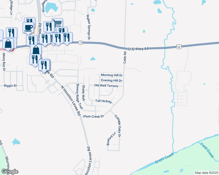 map of restaurants, bars, coffee shops, grocery stores, and more near 10211 Old Well Terrace in Memphis
