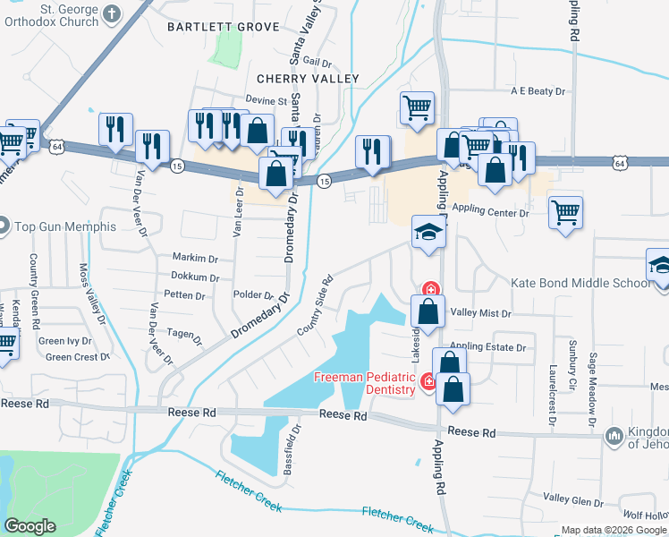 map of restaurants, bars, coffee shops, grocery stores, and more near 7304 Country Side Road in Memphis