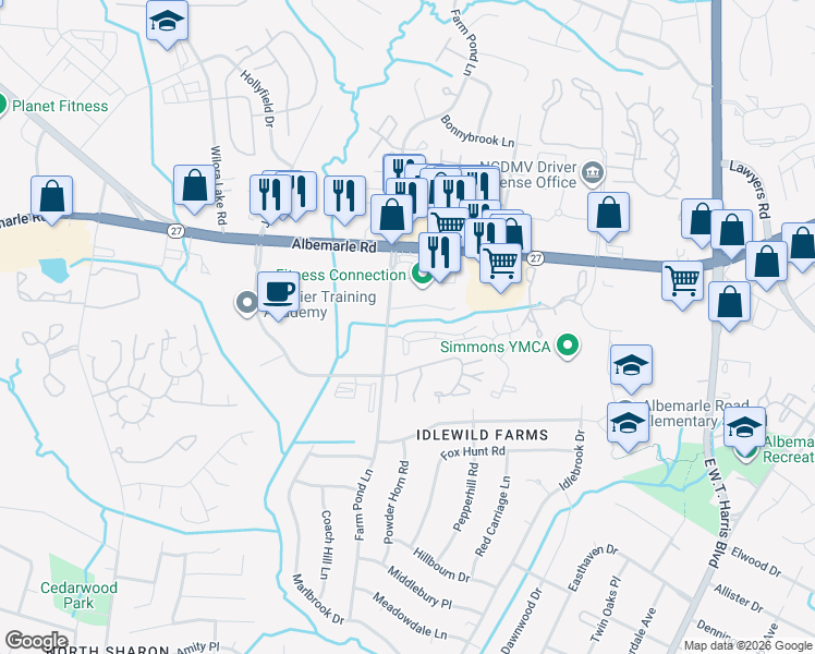 map of restaurants, bars, coffee shops, grocery stores, and more near 6301 Woodbend Drive in Charlotte