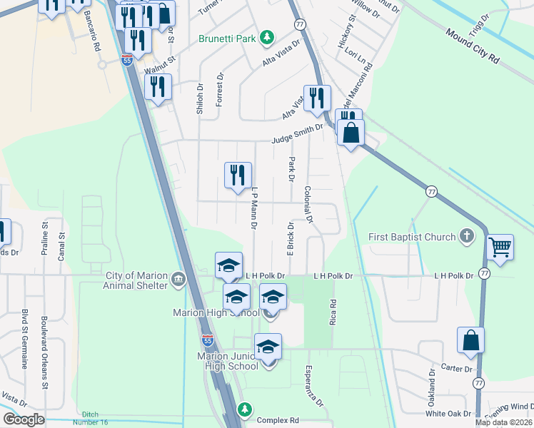 map of restaurants, bars, coffee shops, grocery stores, and more near 439 Dogwood Cove in Marion