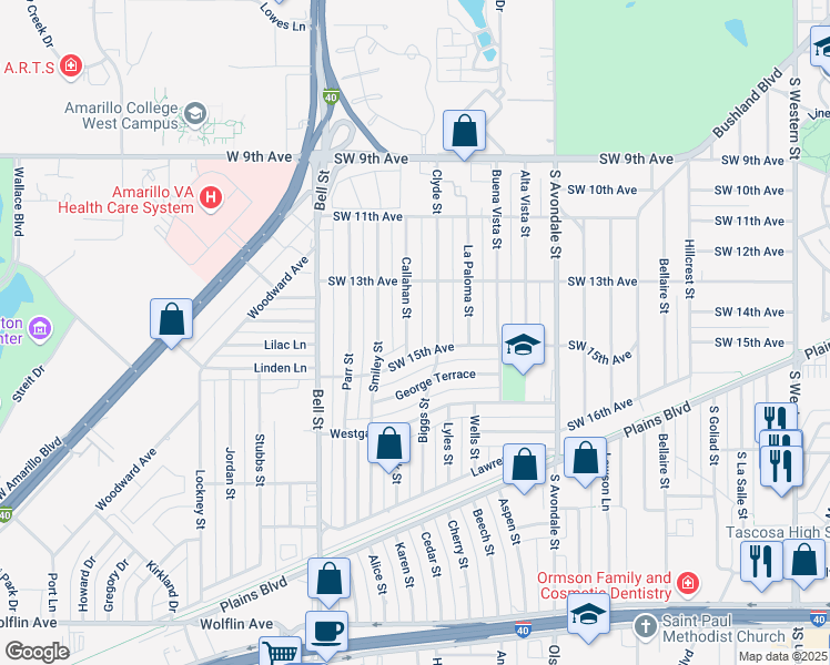 map of restaurants, bars, coffee shops, grocery stores, and more near 1316 Clyde Street in Amarillo