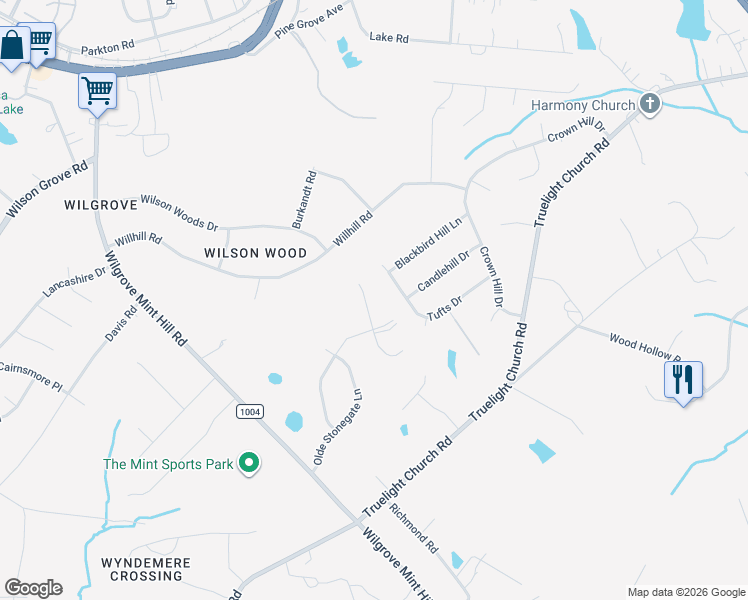 map of restaurants, bars, coffee shops, grocery stores, and more near 8830 Mullis Forest Court in Mint Hill