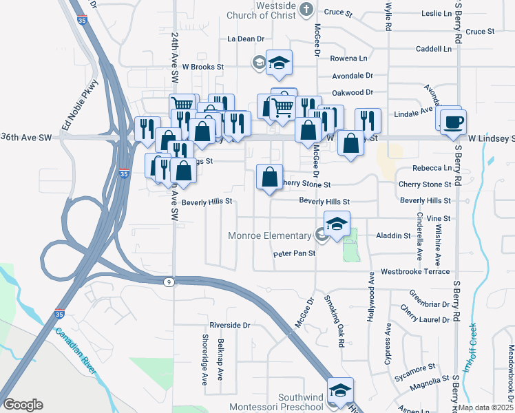 map of restaurants, bars, coffee shops, grocery stores, and more near 1435 Homeland Avenue in Norman