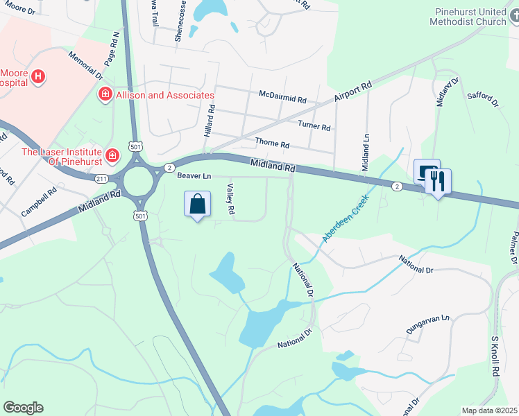 map of restaurants, bars, coffee shops, grocery stores, and more near 20 Magnolia Avenue in Pinehurst