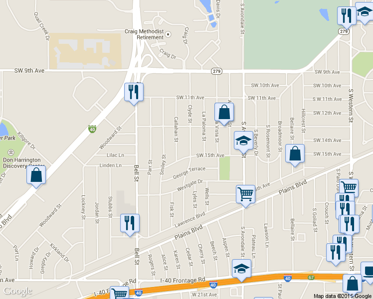 map of restaurants, bars, coffee shops, grocery stores, and more near 1316 Clyde Street in Amarillo