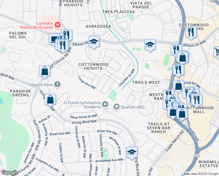 map of restaurants, bars, coffee shops, grocery stores, and more near Chandler Drive in Albuquerque
