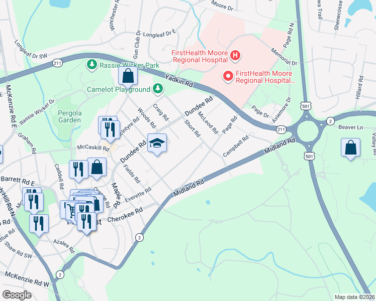 map of restaurants, bars, coffee shops, grocery stores, and more near 265 Everette Road in Pinehurst