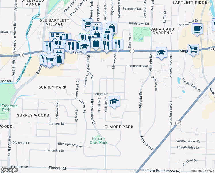 map of restaurants, bars, coffee shops, grocery stores, and more near 2744 Galaxie Street in Bartlett