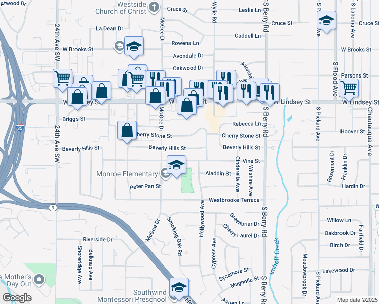 map of restaurants, bars, coffee shops, grocery stores, and more near 1618 Beverly Hills Street in Norman