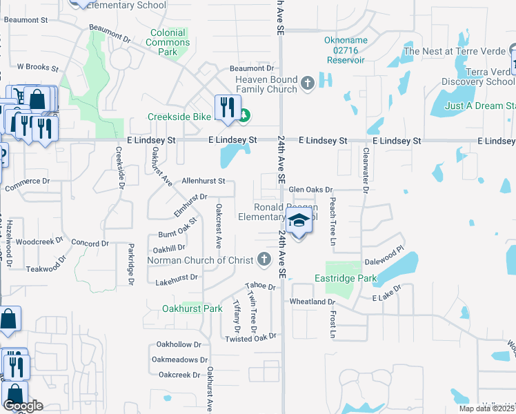 map of restaurants, bars, coffee shops, grocery stores, and more near 1403 Glen Oaks Court in Norman