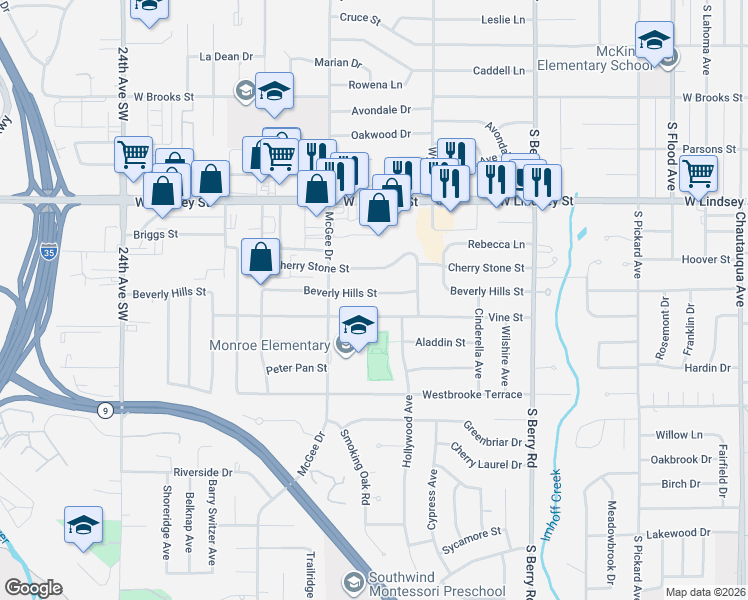 map of restaurants, bars, coffee shops, grocery stores, and more near 1618 Beverly Hills Street in Norman