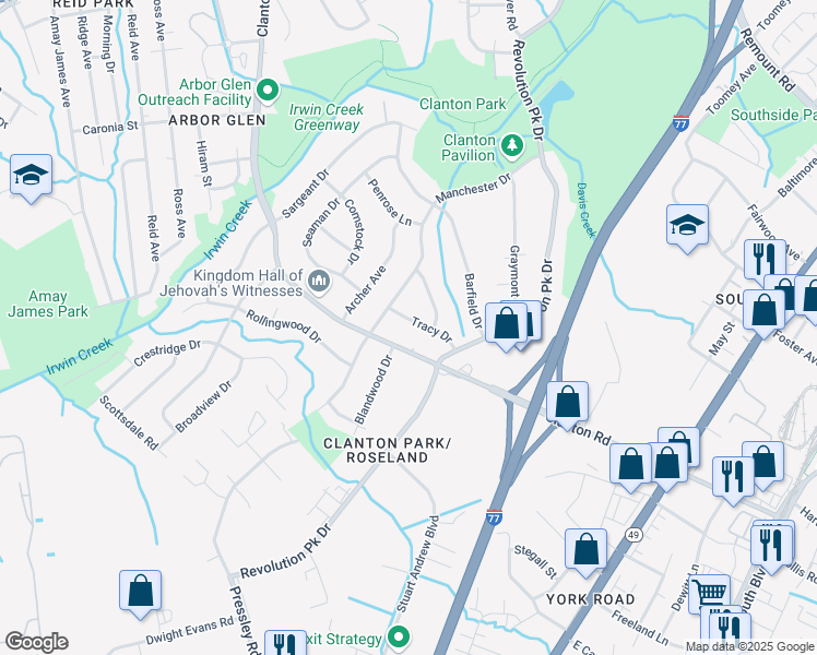 map of restaurants, bars, coffee shops, grocery stores, and more near 1021 Tracy Dr in Charlotte