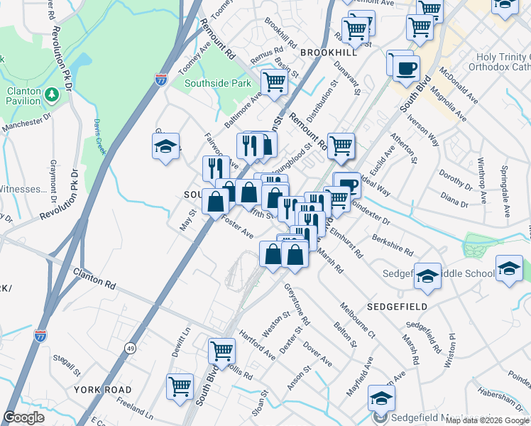 map of restaurants, bars, coffee shops, grocery stores, and more near 3004 Griffith Street in Charlotte