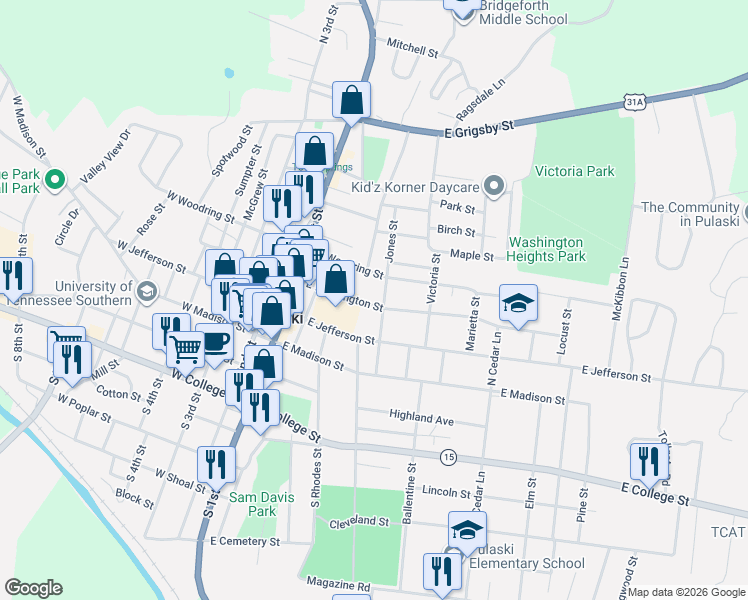 map of restaurants, bars, coffee shops, grocery stores, and more near 338 East Washington Street in Pulaski