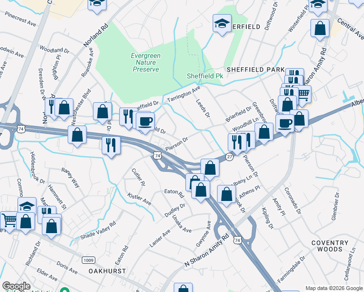 map of restaurants, bars, coffee shops, grocery stores, and more near 922 Pierson Drive in Charlotte