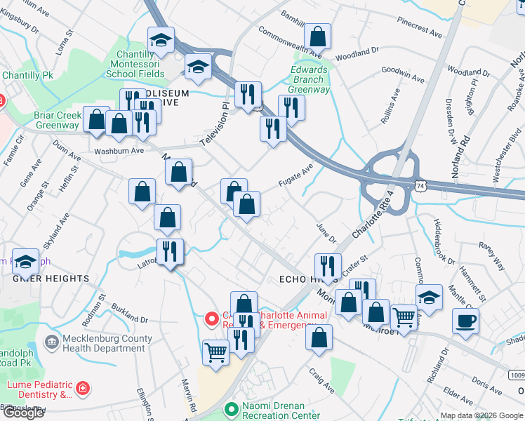 map of restaurants, bars, coffee shops, grocery stores, and more near 815 Mohigan Street in Charlotte