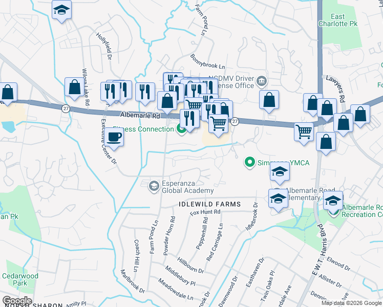 map of restaurants, bars, coffee shops, grocery stores, and more near 6325 Woodbend Drive in Charlotte