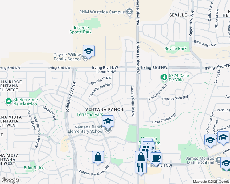 map of restaurants, bars, coffee shops, grocery stores, and more near 6735 Ventana Hills Road Northwest in Albuquerque