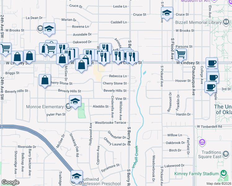 map of restaurants, bars, coffee shops, grocery stores, and more near 1314 Beverly Hills Street in Norman