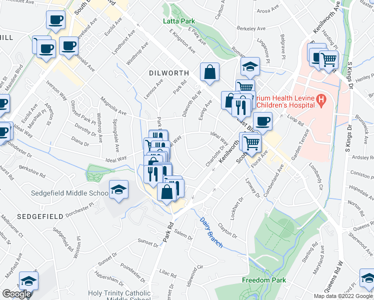 map of restaurants, bars, coffee shops, grocery stores, and more near Dilworth Rd W & Dilworth Rd E in Charlotte