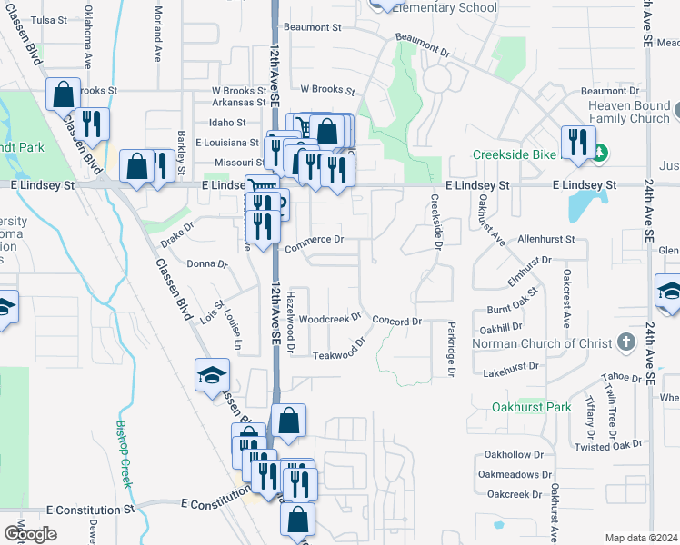 map of restaurants, bars, coffee shops, grocery stores, and more near 1328 Eastgate Drive in Norman