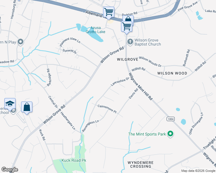 map of restaurants, bars, coffee shops, grocery stores, and more near 7501 Lancashire Drive in Mint Hill