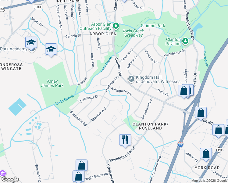 map of restaurants, bars, coffee shops, grocery stores, and more near 1215 Rollingwood Dr in Charlotte