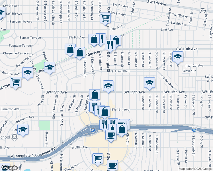 map of restaurants, bars, coffee shops, grocery stores, and more near 1216 South Georgia Street in Amarillo