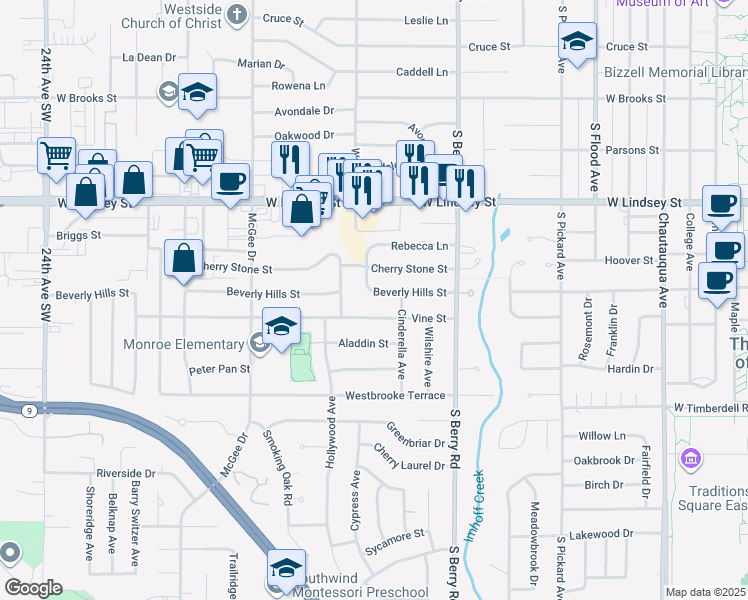 map of restaurants, bars, coffee shops, grocery stores, and more near 1420 Beverly Hills Street in Norman