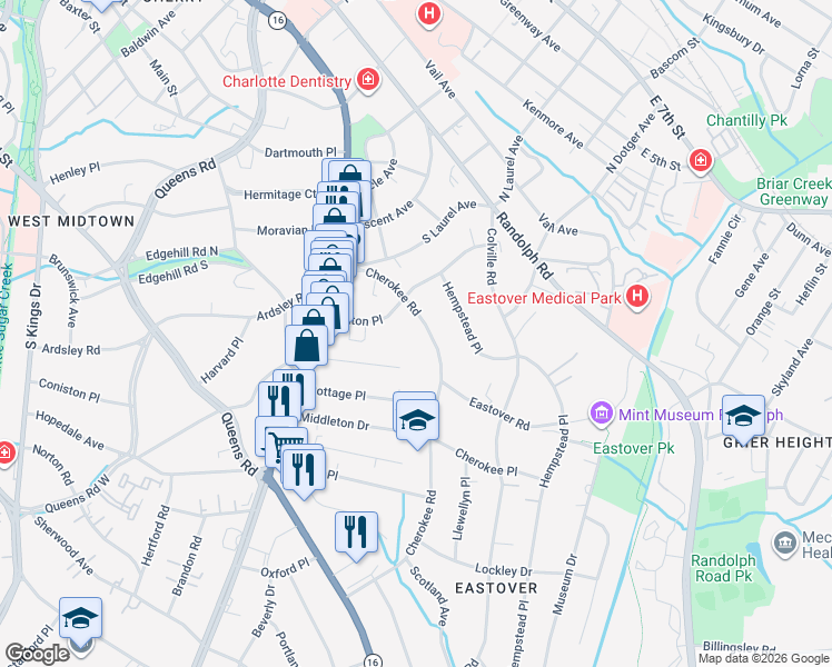 map of restaurants, bars, coffee shops, grocery stores, and more near 232 Cherokee Road in Charlotte