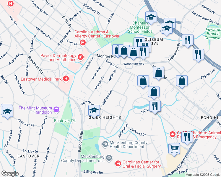 map of restaurants, bars, coffee shops, grocery stores, and more near 325 Skyland Avenue in Charlotte