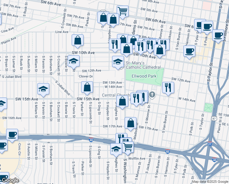 map of restaurants, bars, coffee shops, grocery stores, and more near 1408 South Hughes Street in Amarillo