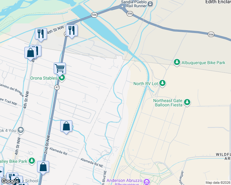 map of restaurants, bars, coffee shops, grocery stores, and more near 10343 Edith Boulevard Northeast in Albuquerque