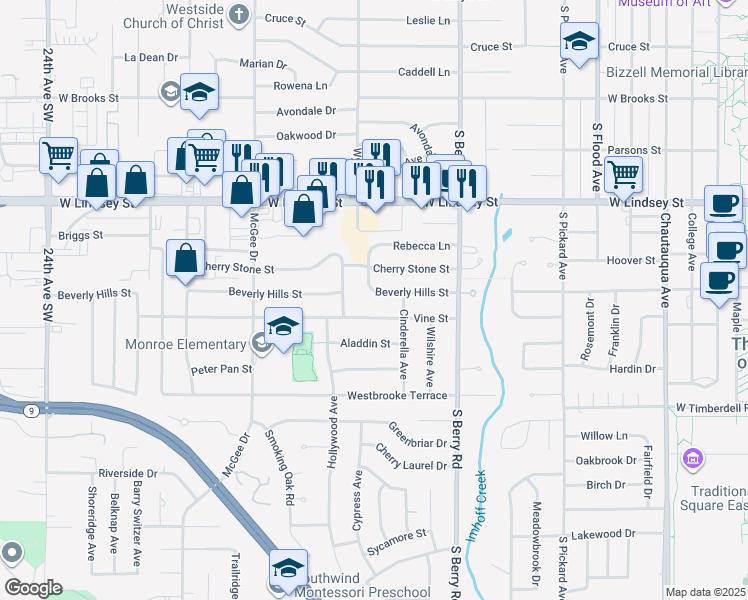 map of restaurants, bars, coffee shops, grocery stores, and more near 1420 Beverly Hills Street in Norman