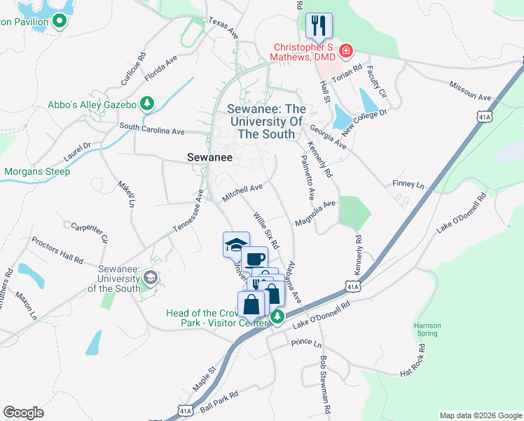 map of restaurants, bars, coffee shops, grocery stores, and more near 60 Willie Six Road in Sewanee