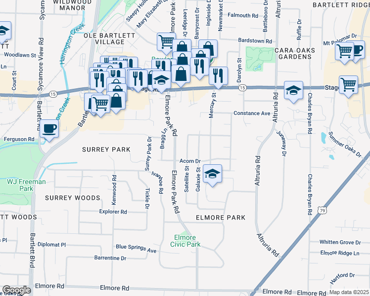 map of restaurants, bars, coffee shops, grocery stores, and more near 2745 Satellite Street in Bartlett