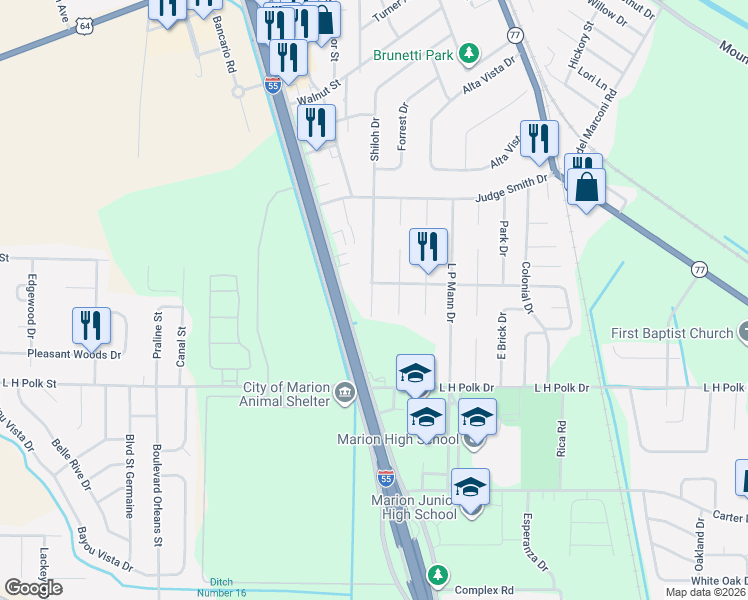 map of restaurants, bars, coffee shops, grocery stores, and more near 435 Shiloh Drive in Marion