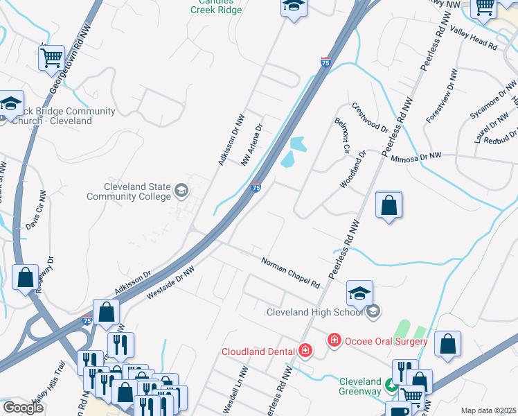 map of restaurants, bars, coffee shops, grocery stores, and more near 3430 Westside Drive Northwest in Cleveland