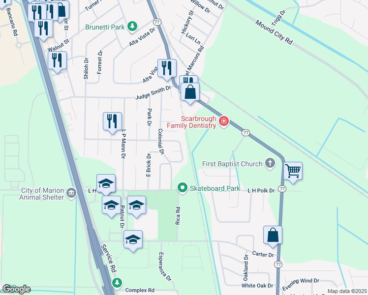 map of restaurants, bars, coffee shops, grocery stores, and more near 125 Meadowbrook Circle in Marion